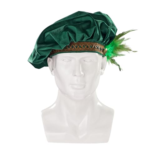 Willyacos Medieval Tudor Hat with Feather Velvet Renaissance Muffin Hat for Men at Renaissance Festivals and Events | W