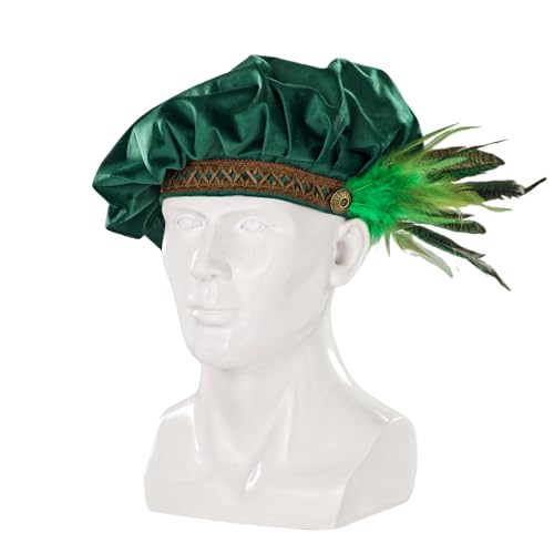 Willyacos Medieval Tudor Hat with Feather Velvet Renaissance Muffin Hat for Men at Renaissance Festivals and Events | W