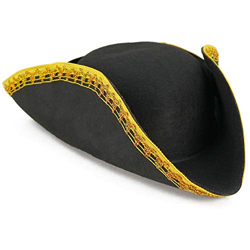 Skeleteen Colonial Black Tricorn Hat for Historical Costumes - Revolutionary War Deluxe Hat with Gold Trim