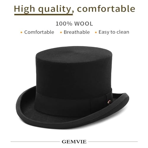 GEMVIE Men's 100% Wool Top Hat - Mad Hatter Satin Lined Black Low Top Hat for Formal Events | GEMVIE Men's 100% Wool Bl