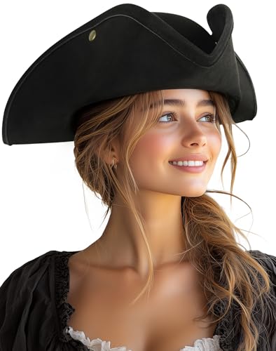 UQJE Authentic Pirate Hat for Women Adults Halloween Tricorn Hat Leather Colonial Costume Accessory