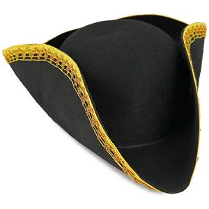 Skeleteen Colonial Black Tricorn Hat for Historical Costumes - Revolutionary War Deluxe Hat with Gold Trim