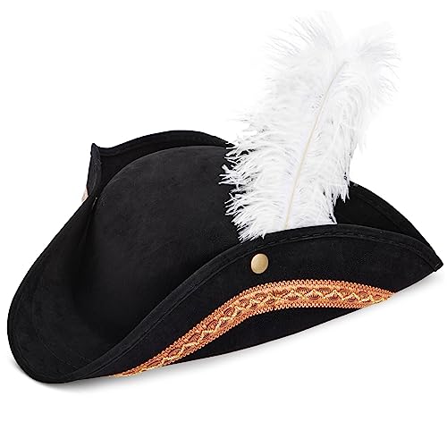 Juvale Adult Black Tricorn Pirate Hat with Feather for Halloween Outfit Juvale Adult Black Pirate Hat for Colonial Revol