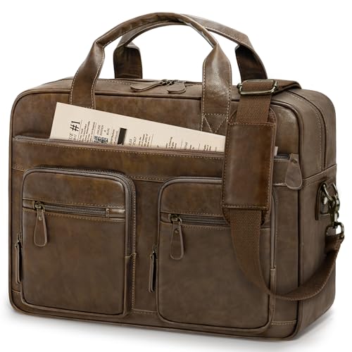Rainsmore Men's Vintage PU Vegan Leather Computer Bag - 15.6 Inch Waterproof Briefcase for Work and Travel - Brown | Ra