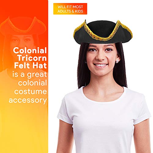 Skeleteen Colonial Black Tricorn Hat for Historical Costumes - Revolutionary War Deluxe Hat with Gold Trim