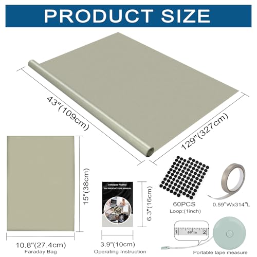 Faraday Fabric 43”x129” 314" L Tape Military Grade Protection for EMF EMP EMP Shield | Military Grade Faraday Cloth 43”