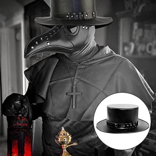 Azurtis Black Leather Plague Doctor Hat - Vintage Flat Top Steampunk Halloween Costume Top Hat for Adults