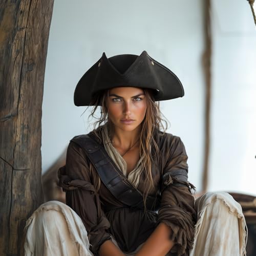 UQJE Authentic Pirate Hat for Women Adults Halloween Tricorn Hat Leather Colonial Costume Accessory