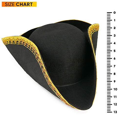 Skeleteen Colonial Black Tricorn Hat for Historical Costumes - Revolutionary War Deluxe Hat with Gold Trim