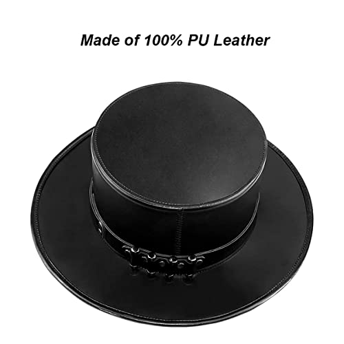Azurtis Black Leather Plague Doctor Hat - Vintage Flat Top Steampunk Halloween Costume Top Hat for Adults