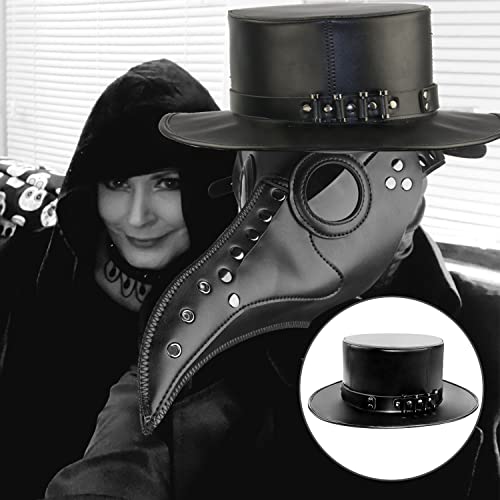 Azurtis Black Leather Plague Doctor Hat - Vintage Flat Top Steampunk Halloween Costume Top Hat for Adults