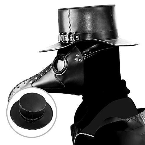 Azurtis Black Leather Plague Doctor Hat - Vintage Flat Top Steampunk Halloween Costume Top Hat for Adults