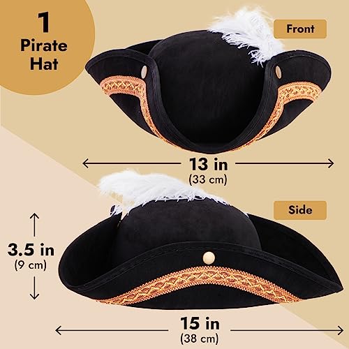 Juvale Adult Black Tricorn Pirate Hat with Feather for Halloween Outfit Juvale Adult Black Pirate Hat for Colonial Revol