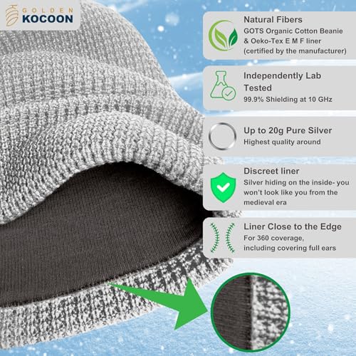 Golden Kocoon Golden Kocoon® - Organic Cotton Beanie with EcoShield™ Tech - Adult Size Grey Hat for E-M-F Protection - S
