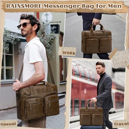 Rainsmore Men's Vintage PU Vegan Leather Computer Bag - 15.6 Inch Waterproof Briefcase for Work and Travel - Brown | Ra