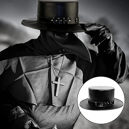 Azurtis Black Leather Plague Doctor Hat - Vintage Flat Top Steampunk Halloween Costume Top Hat for Adults