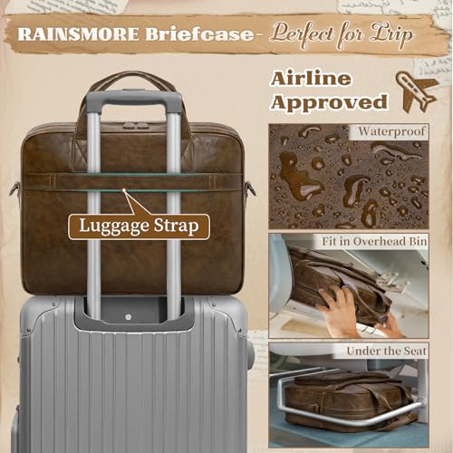 Rainsmore Men's Vintage PU Vegan Leather Computer Bag - 15.6 Inch Waterproof Briefcase for Work and Travel - Brown | Ra