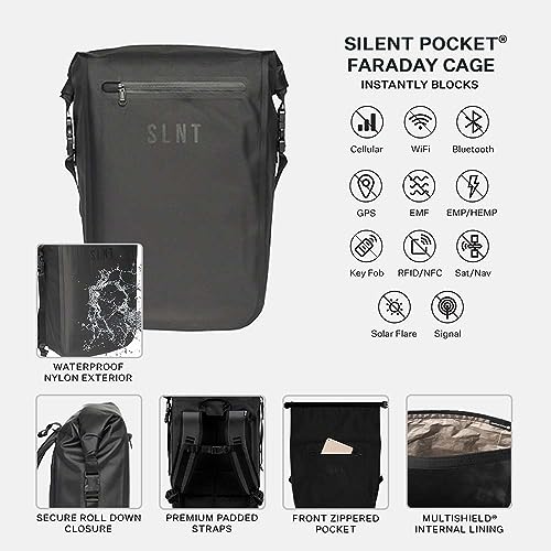 Silent Pocket SLNT Faraday Waterproof Backpack for Hiking and Travel Protects Against Identity Theft - Blocks RFID, WiFi