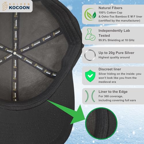 Golden Kocoon E.M.F Cap Hat - Bamboo Faraday Fabric Liner - For Cell Towers, Bluetooth, Smart Meters & WiFi - Protects A