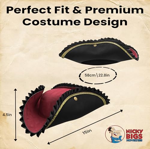 Nicky Bigs Novelties Adult Deluxe Black Tricorn Pirate Hat for Costumes and Accessories | Nicky Bigs Novelties Adult Bl