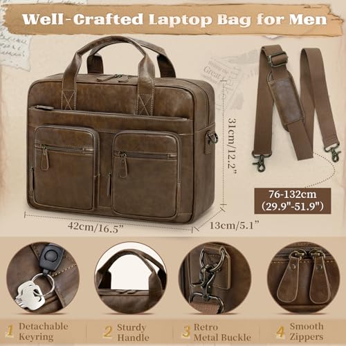 Rainsmore Men's Vintage PU Vegan Leather Computer Bag - 15.6 Inch Waterproof Briefcase for Work and Travel - Brown | Ra