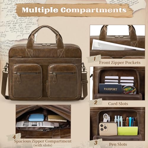 Rainsmore Men's Vintage PU Vegan Leather Computer Bag - 15.6 Inch Waterproof Briefcase for Work and Travel - Brown | Ra