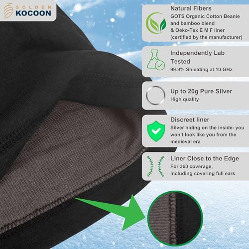 Golden Kocoon E-M-F Organic Cotton & Bamboo Viscose Slouch Beanie - Adult Size Hat with EcoShield™ Tech Silver Liner in