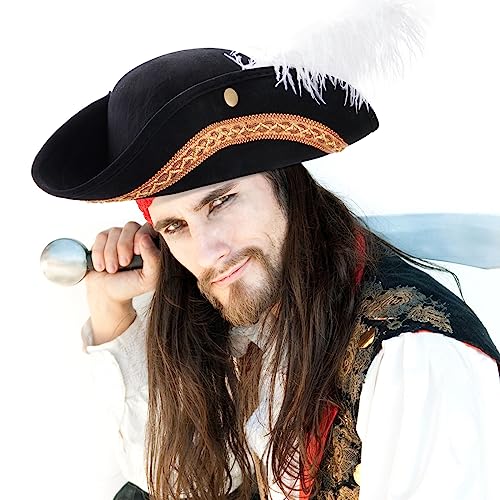 Juvale Adult Black Tricorn Pirate Hat with Feather for Halloween Outfit Juvale Adult Black Pirate Hat for Colonial Revol