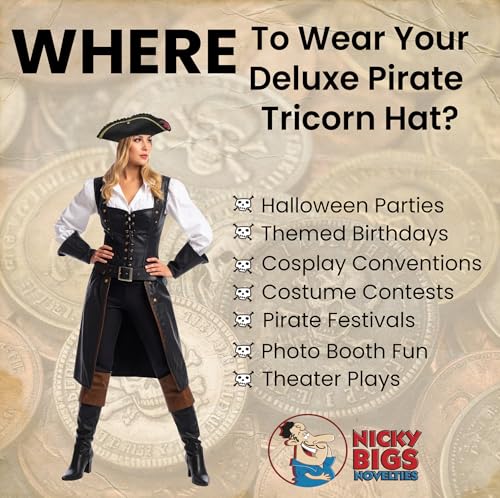 Nicky Bigs Novelties Adult Deluxe Black Tricorn Pirate Hat for Costumes and Accessories | Nicky Bigs Novelties Adult Bl