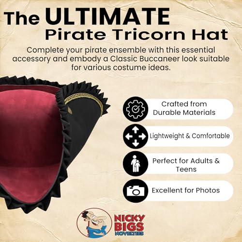Nicky Bigs Novelties Adult Deluxe Black Tricorn Pirate Hat for Costumes and Accessories | Nicky Bigs Novelties Adult Bl